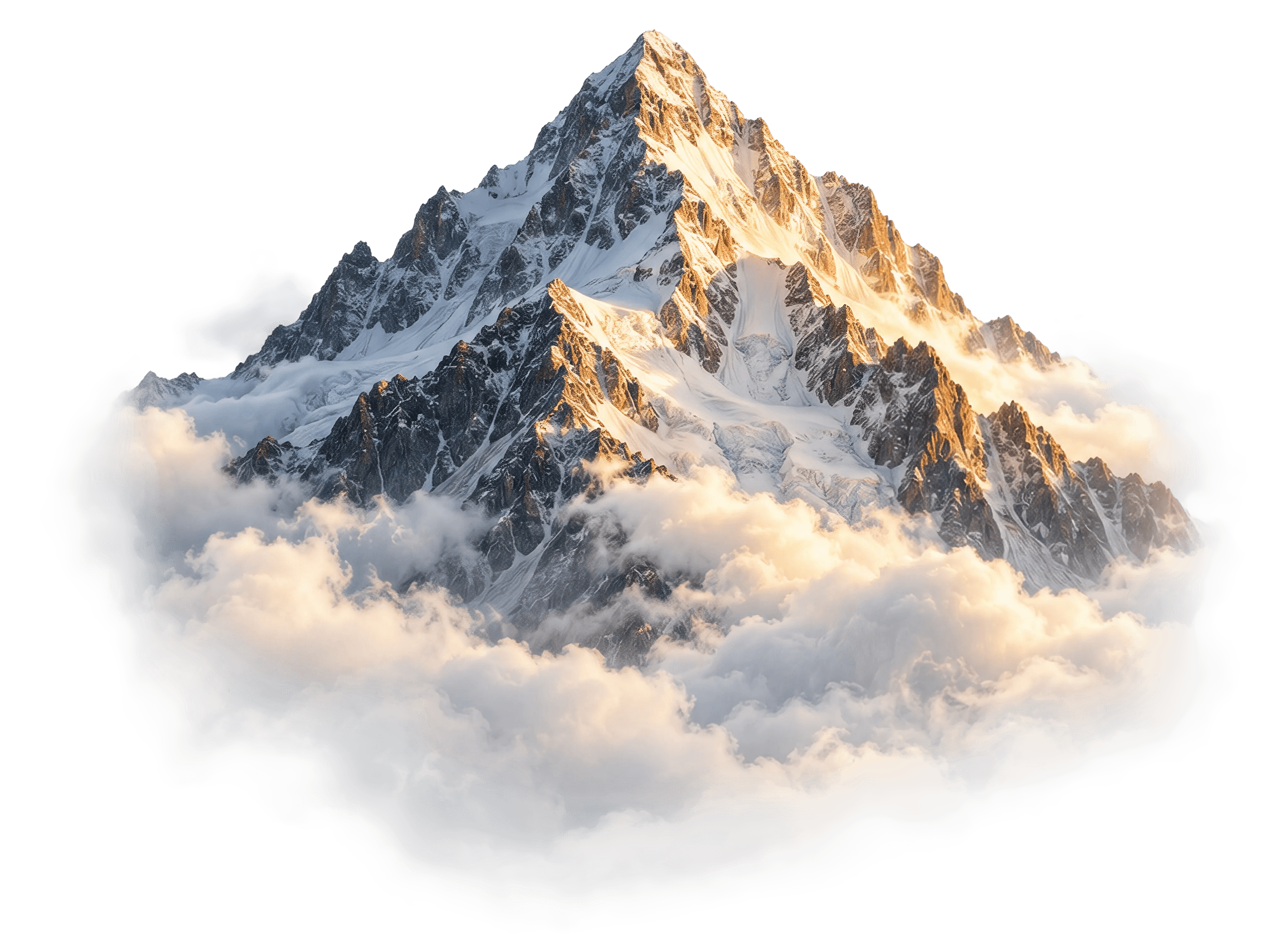 Montanha com picos nevados entre nuvens